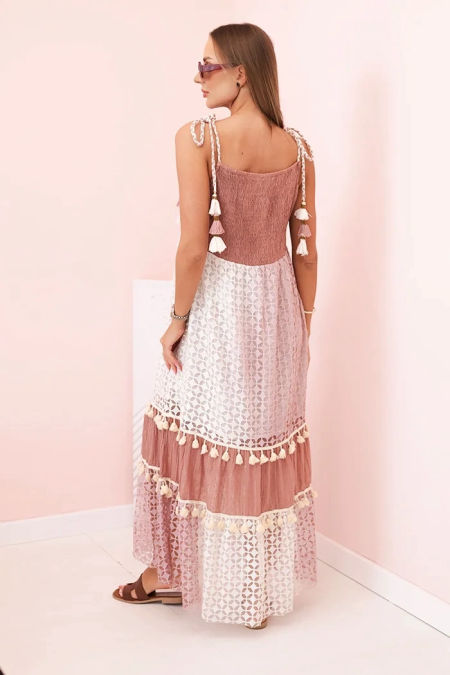 Sukienka damska boho na ramiączkach z haftem i koronką camelowa zdjęcie 4