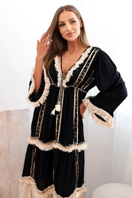 Sukienka damska boho z koronką czarna zdjęcie 1