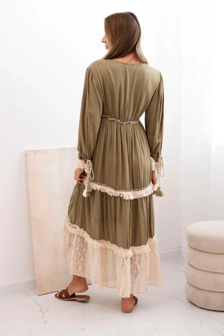 Sukienka damska boho z koronką khaki zdjęcie 3