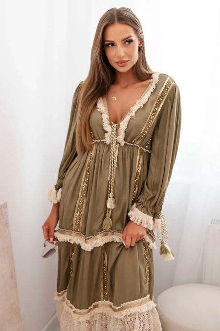 Sukienka damska boho z koronką khaki zdjęcie 1
