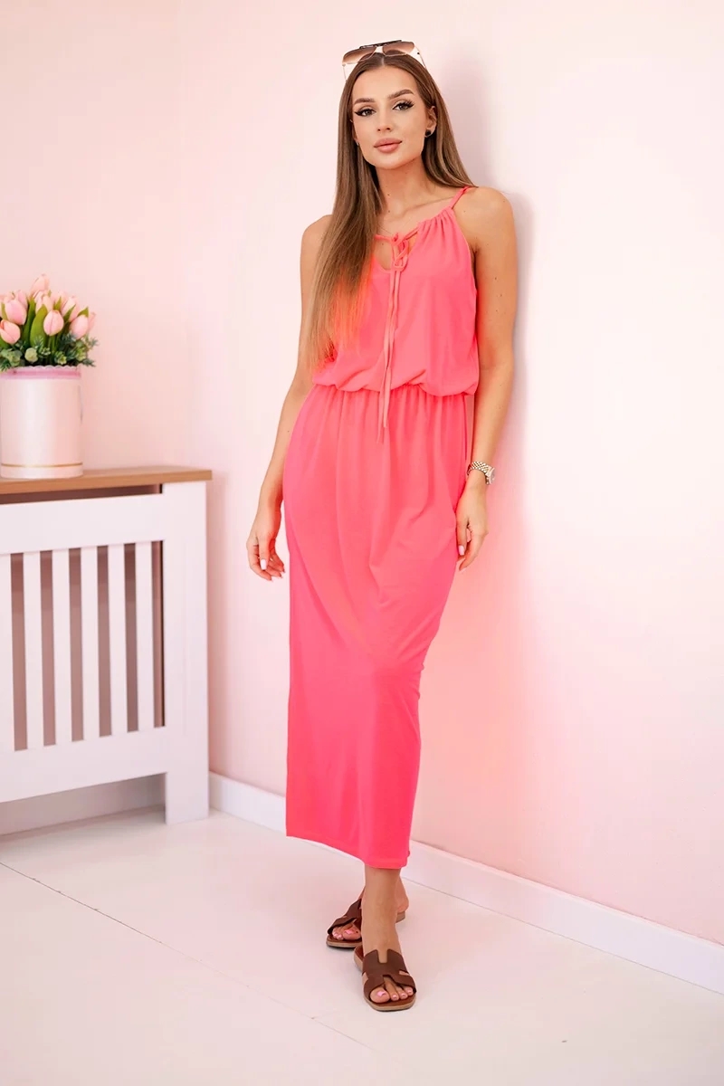 Sukienka boho z rozporkiem różowy neon zdjęcie 1