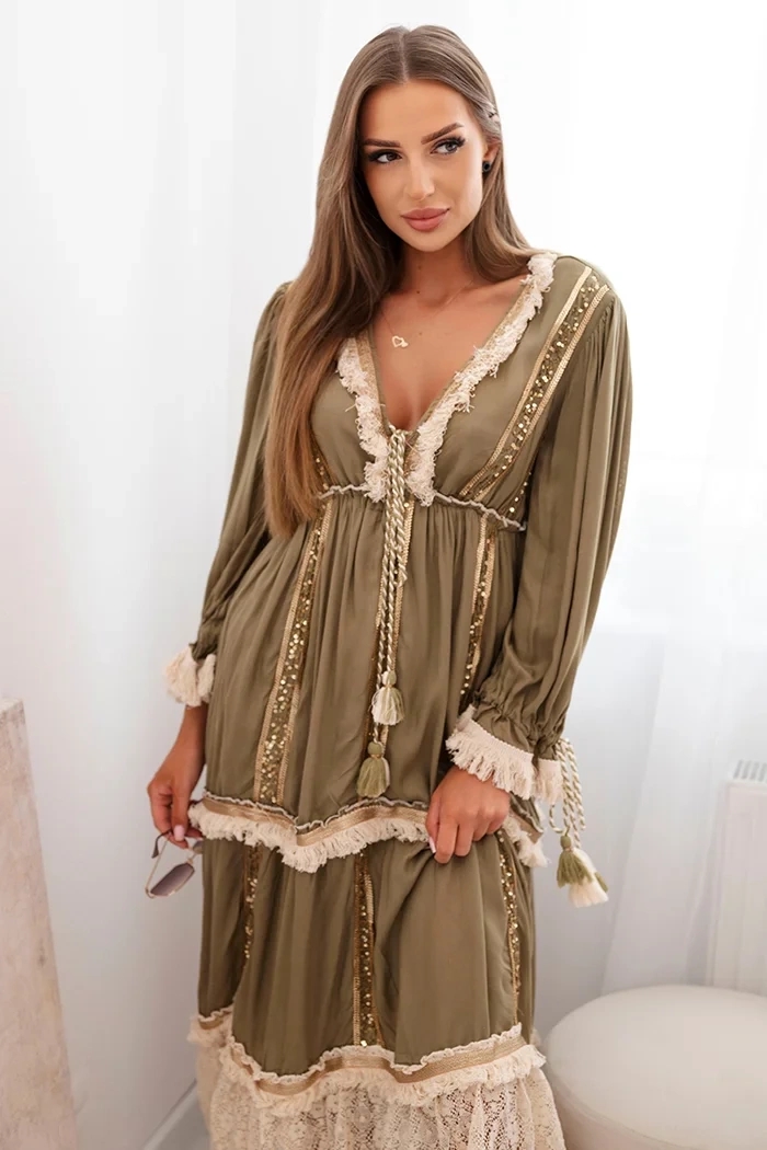 Sukienka damska boho z koronką khaki zdjęcie 1